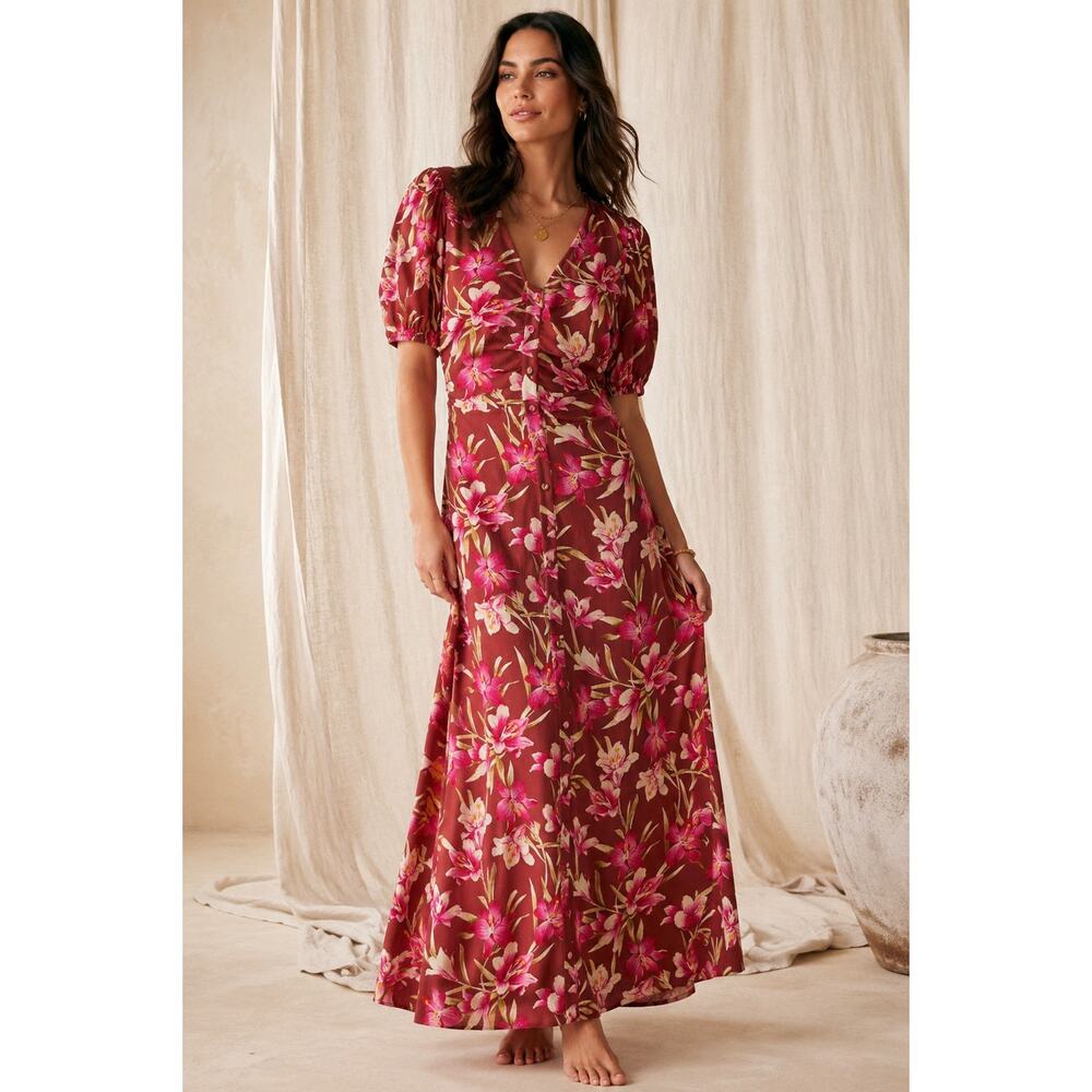 New with Tags Faherty Floral Maxi Dress Medium Pink Puff Sleeve